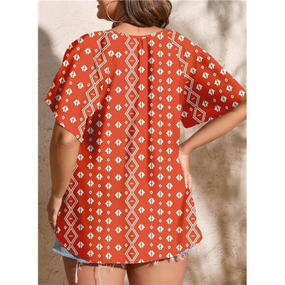 Women Plus Size Tops Boho Printed V Neck Short Sleeve Drawstring Casual Chiffon - Picture 4 of 6